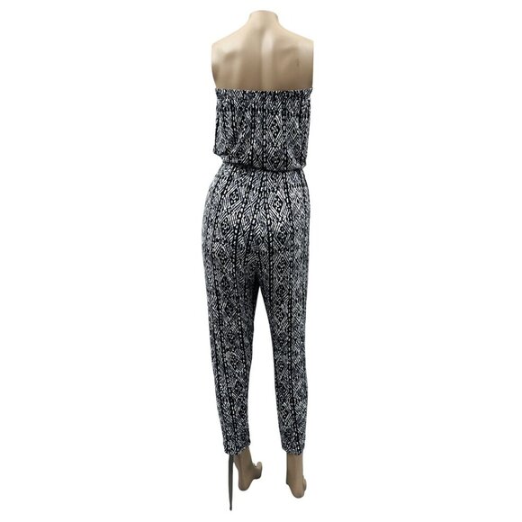 Ambiance Strapless Black White Geometric Print Jumpsuit Drawstring Waist‎ Large - Picture 2 of 12